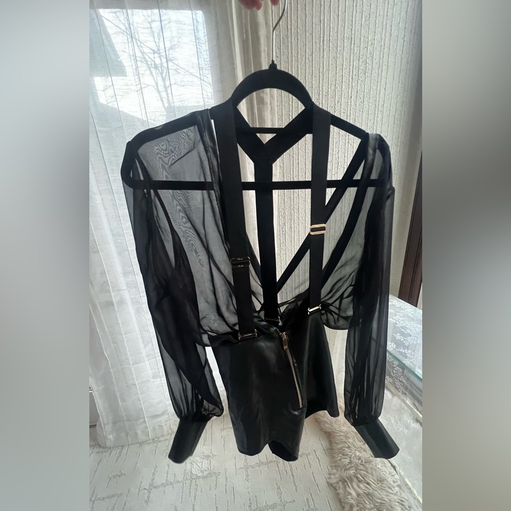 Honey Birdette RARE Black Sheer Mesh and Faux Leather Plunge Bodysuit - Picture 3 of 8